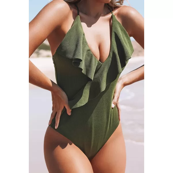 imageCUPSHE Womens One Piece Ruffle Wrap Textured Beach SwimsuitGreen