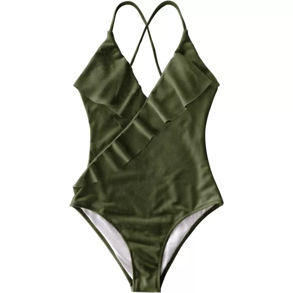imageCUPSHE Womens One Piece Ruffle Wrap Textured Beach SwimsuitGreen