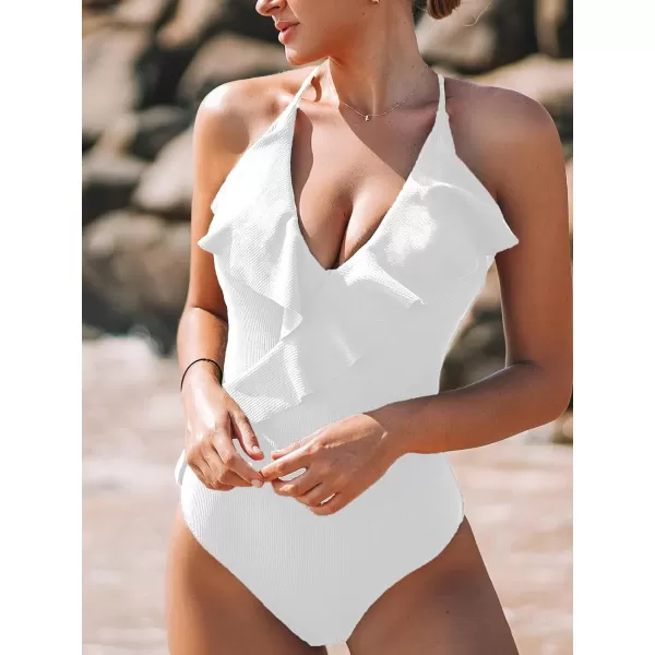 imageCUPSHE Womens One Piece Ruffle Wrap Textured Beach SwimsuitWhite