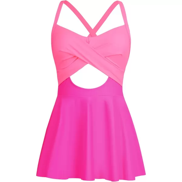 imageCUPSHE Womens One Piece Swimdress Skirt Swimsuit Cutout Tummy Control Wrap Crisscross Back Tie Color BlockHot Pink