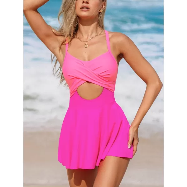 imageCUPSHE Womens One Piece Swimdress Skirt Swimsuit Cutout Tummy Control Wrap Crisscross Back Tie Color BlockHot Pink