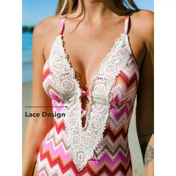 imageCUPSHE Womens One Piece Swimsuit Adjustable Strap Deep V Neck Lace Crocheted Back HookPink V Stripes