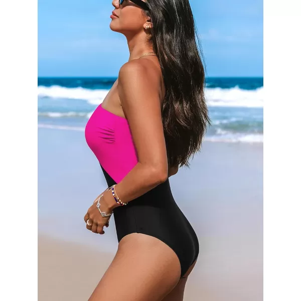 imageCUPSHE Womens One Piece Swimsuit Asymmetrical Neck One Shoulder Bathing Suit Color Block Back Twist CutoutBlackMagenta Pink