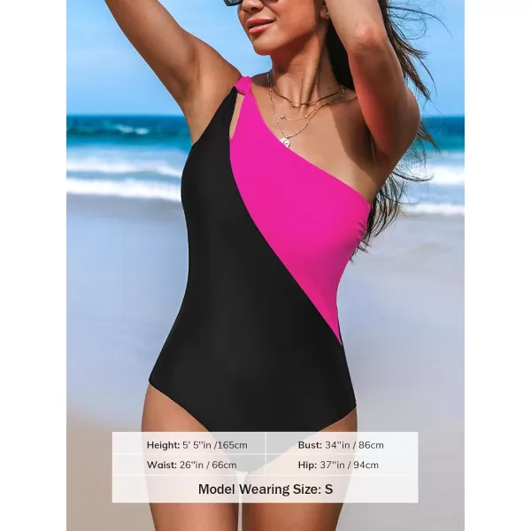 imageCUPSHE Womens One Piece Swimsuit Asymmetrical Neck One Shoulder Bathing Suit Color Block Back Twist CutoutBlackMagenta Pink