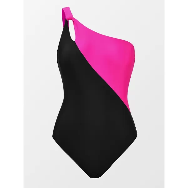 imageCUPSHE Womens One Piece Swimsuit Asymmetrical Neck One Shoulder Bathing Suit Color Block Back Twist CutoutBlackMagenta Pink