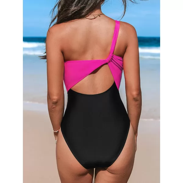 imageCUPSHE Womens One Piece Swimsuit Asymmetrical Neck One Shoulder Bathing Suit Color Block Back Twist CutoutBlackMagenta Pink