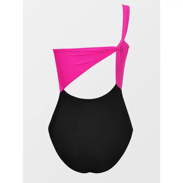 imageCUPSHE Womens One Piece Swimsuit Asymmetrical Neck One Shoulder Bathing Suit Color Block Back Twist CutoutBlackMagenta Pink