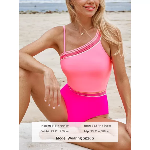 imageCUPSHE Womens One Piece Swimsuit Bathing Suit Asymmetrical Neck Adjustable Straps Mesh Cheeky Color BlockPink Color Block