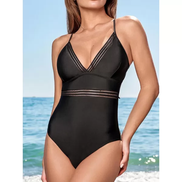 imageCUPSHE Womens One Piece Swimsuit Bathing Suit Cutout Back Self Tie V Neck Adjustable Spaghetti StrapsBlack