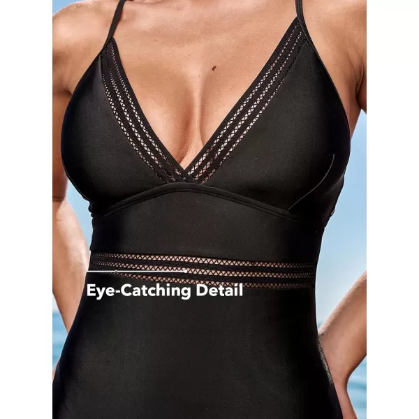 imageCUPSHE Womens One Piece Swimsuit Bathing Suit Cutout Back Self Tie V Neck Adjustable Spaghetti StrapsBlack