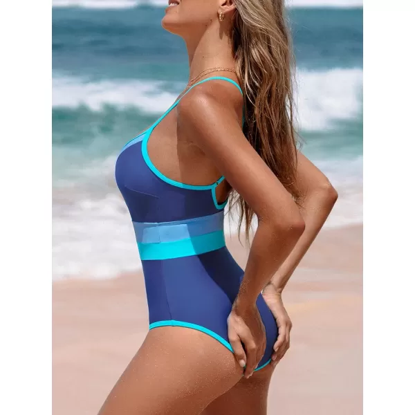 imageCUPSHE Womens One Piece Swimsuit Bathing Suit Cutout Deep V Neck Crisscross Adjustable Straps Color Block High CutDark BlueBaby Blue