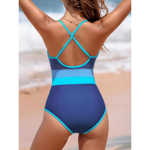 imageCUPSHE Womens One Piece Swimsuit Bathing Suit Cutout Deep V Neck Crisscross Adjustable Straps Color Block High CutDark BlueBaby Blue