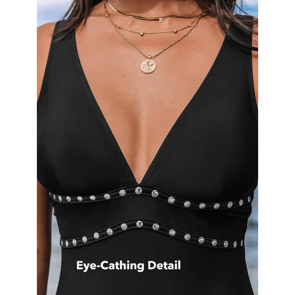 imageCUPSHE Womens One Piece Swimsuit Bathing Suit Deep V Neck Adjustable Straps O Ring SwimwearBlack