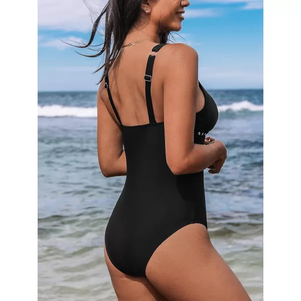 imageCUPSHE Womens One Piece Swimsuit Bathing Suit Deep V Neck Adjustable Straps O Ring SwimwearBlack