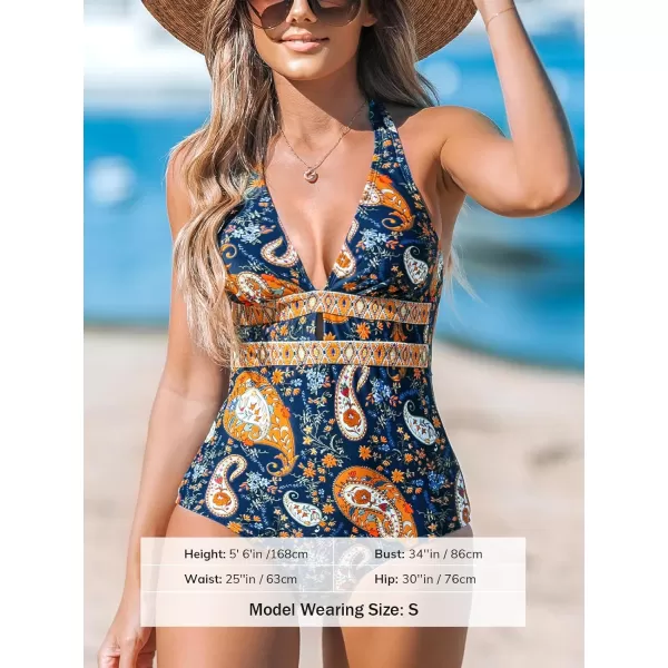 imageCUPSHE Womens One Piece Swimsuit Bathing Suit Deep V Neck Halter Cutout Wide Straps Back TieNavy BluePaisley