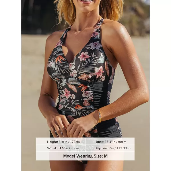 imageCUPSHE Womens One Piece Swimsuit Bathing Suit Deep V Neck Ruched Crisscross Back Straps Cheeky BottomBlack Floral