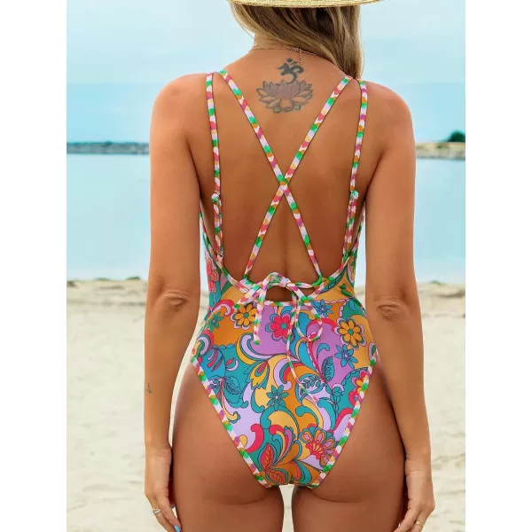 imageCUPSHE Womens One Piece Swimsuit Bathing Suit Double Strap Back tie Low Cut Boho Paisley SwimwearBoho Paisley Print