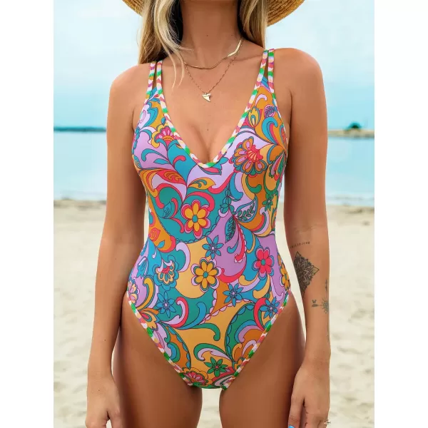 imageCUPSHE Womens One Piece Swimsuit Bathing Suit Double Strap Back tie Low Cut Boho Paisley SwimwearBoho Paisley Print