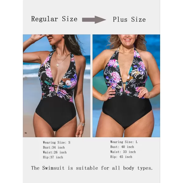 imageCUPSHE Womens One Piece Swimsuit Bathing Suit Halter Deep V Neck Cutout Ruched Swimwear Available in PlusBlack Floral