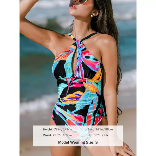 imageCUPSHE Womens One Piece Swimsuit Bathing Suit High Neck Twisted Cut Out Adjustable Straps Back Hook Cheeky RuchedBlackTropical