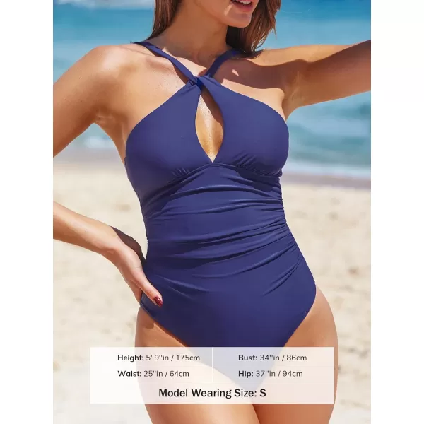 imageCUPSHE Womens One Piece Swimsuit Bathing Suit High Neck Twisted Cut Out Adjustable Straps Back Hook Cheeky RuchedNavy Blue