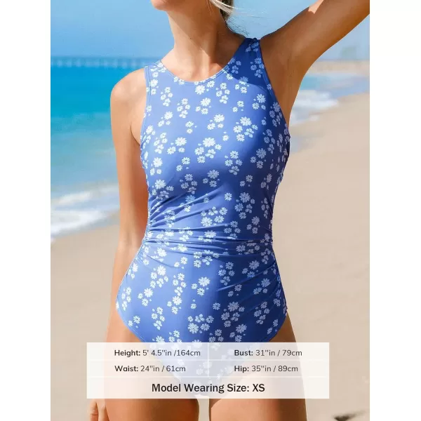 imageCUPSHE Womens One Piece Swimsuit Bathing Suit High Neck Zipper Back Cutout Ruched SwimwearLight Blue Ditsy Floral