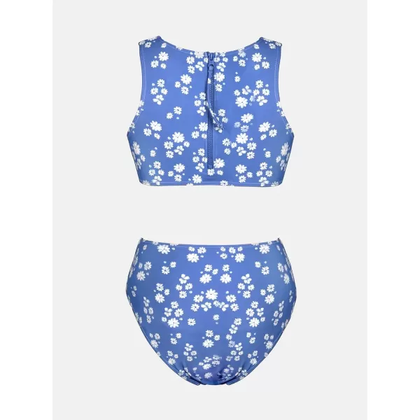 imageCUPSHE Womens One Piece Swimsuit Bathing Suit High Neck Zipper Back Cutout Ruched SwimwearLight Blue Ditsy Floral