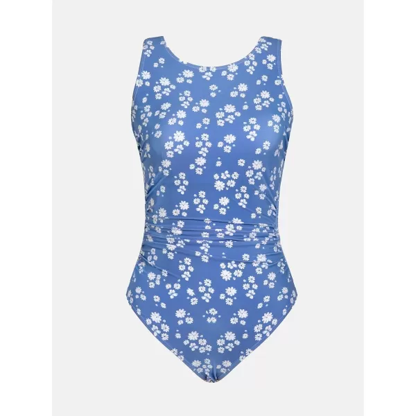 imageCUPSHE Womens One Piece Swimsuit Bathing Suit High Neck Zipper Back Cutout Ruched SwimwearLight Blue Ditsy Floral