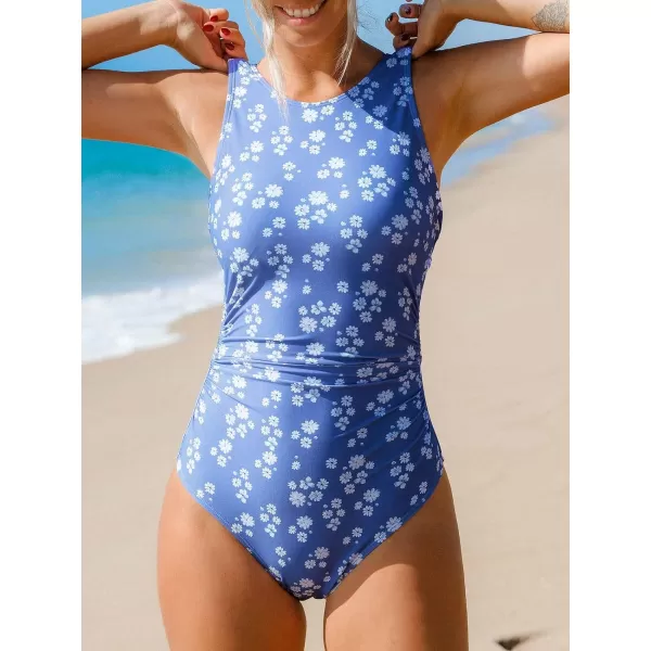 imageCUPSHE Womens One Piece Swimsuit Bathing Suit High Neck Zipper Back Cutout Ruched SwimwearLight Blue Ditsy Floral