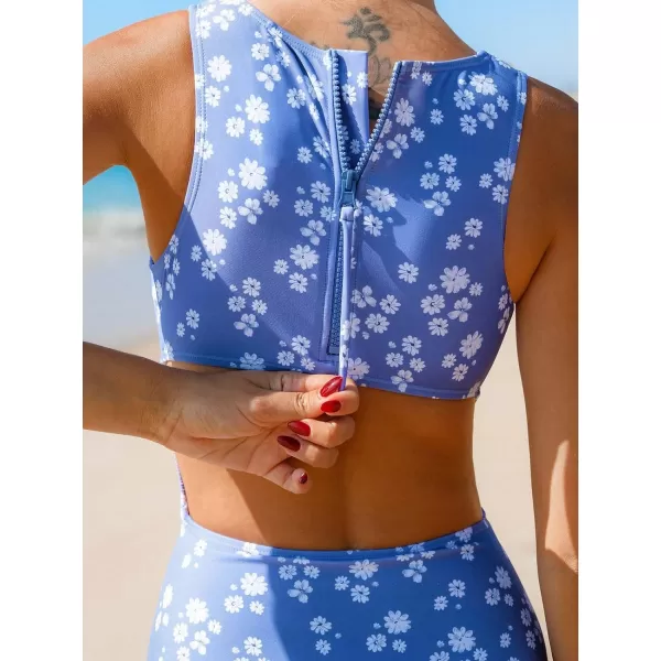 imageCUPSHE Womens One Piece Swimsuit Bathing Suit High Neck Zipper Back Cutout Ruched SwimwearLight Blue Ditsy Floral