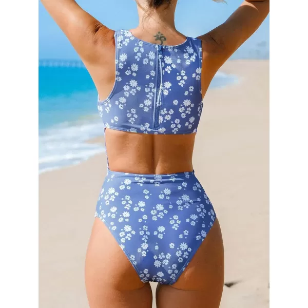 imageCUPSHE Womens One Piece Swimsuit Bathing Suit High Neck Zipper Back Cutout Ruched SwimwearLight Blue Ditsy Floral