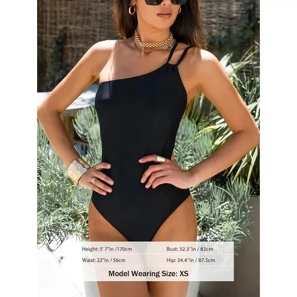 imageCUPSHE Womens One Piece Swimsuit Bathing Suit One Shoulder LaceUp Back Shell CharmBlack
