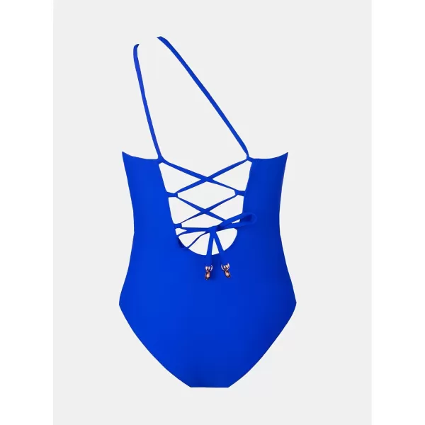 imageCUPSHE Womens One Piece Swimsuit Bathing Suit One Shoulder LaceUp Back Shell CharmRoyal Blue