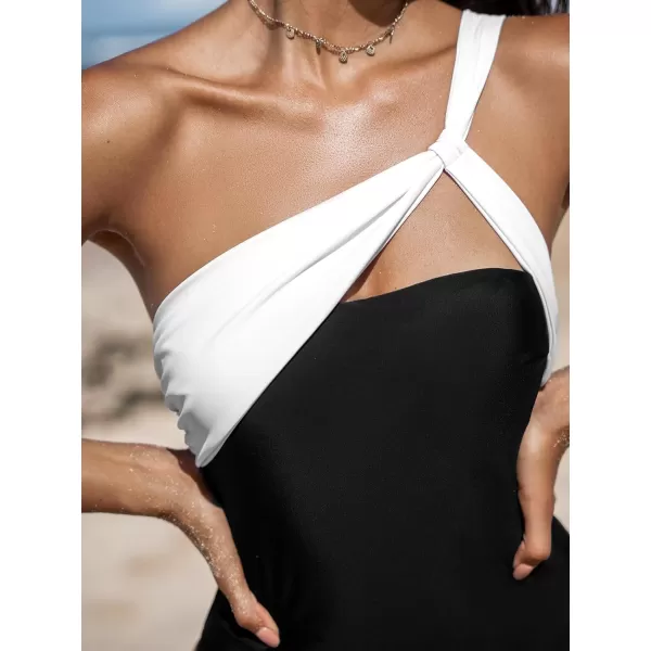 imageCUPSHE Womens One Piece Swimsuit Bathing Suit One Shoulder Swimwear Asymmetrical Neck Cutout Knot Cheeky Color BlockBlackWhite
