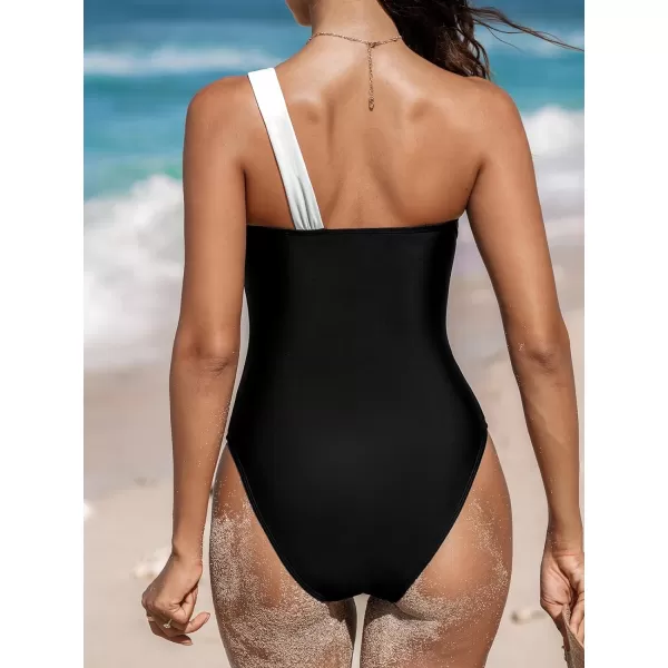 imageCUPSHE Womens One Piece Swimsuit Bathing Suit One Shoulder Swimwear Asymmetrical Neck Cutout Knot Cheeky Color BlockBlackWhite