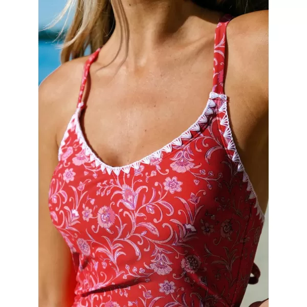 imageCUPSHE Womens One Piece Swimsuit Bathing Suit Scoop Neck Back Tie Shell Stitch Ruched SwimwearRed Paisley