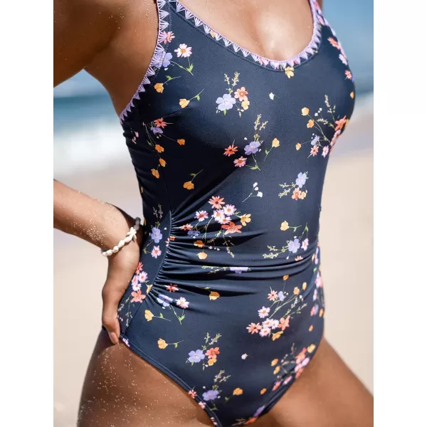 imageCUPSHE Womens One Piece Swimsuit Bathing Suit Scoop Neck Back Tie Shell Stitch Ruched SwimwearTwilight BlueFloral