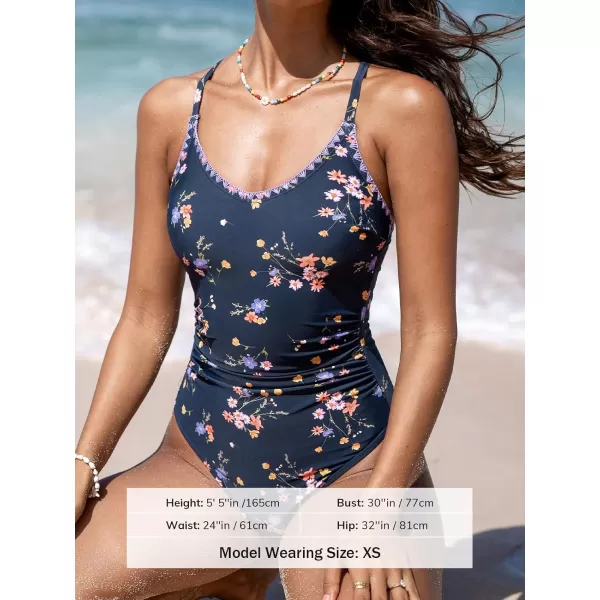 imageCUPSHE Womens One Piece Swimsuit Bathing Suit Scoop Neck Back Tie Shell Stitch Ruched SwimwearTwilight BlueFloral