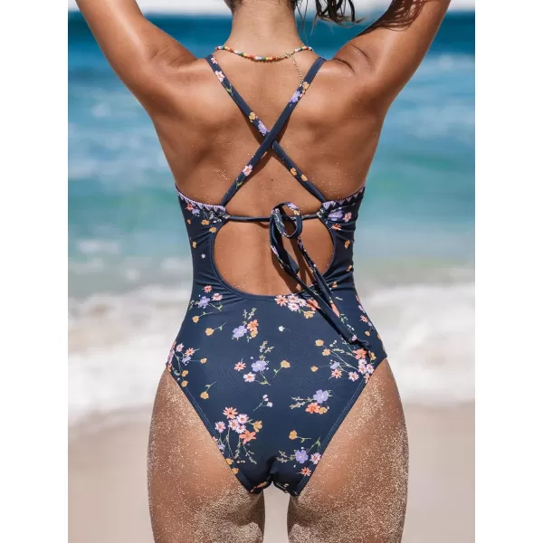 imageCUPSHE Womens One Piece Swimsuit Bathing Suit Scoop Neck Back Tie Shell Stitch Ruched SwimwearTwilight BlueFloral