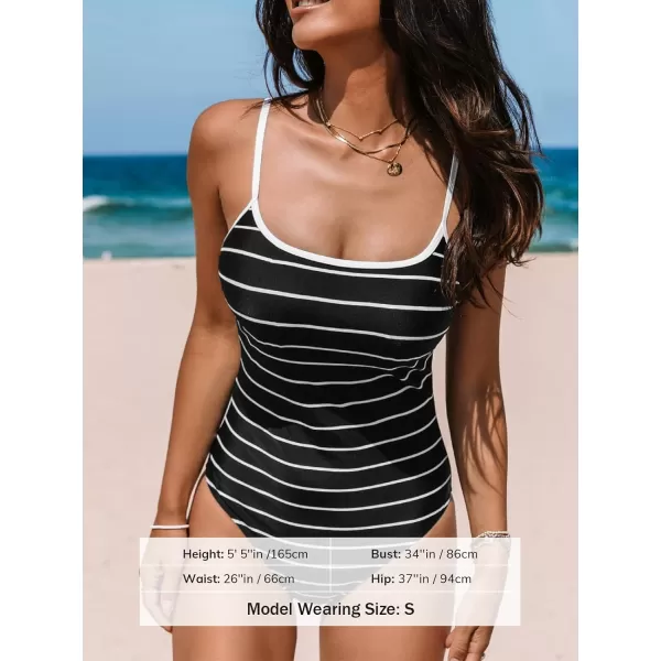 imageCUPSHE Womens One Piece Swimsuit Bathing Suit Scoop Neck Striped Ruched SwimwearBlack Horizontal Stripes