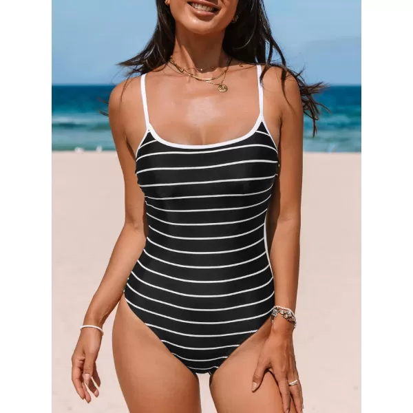 imageCUPSHE Womens One Piece Swimsuit Bathing Suit Scoop Neck Striped Ruched SwimwearBlack Horizontal Stripes