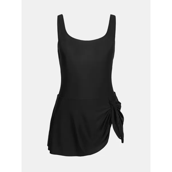 imageCUPSHE Womens One Piece Swimsuit Bathing Suit Scoop Neck Swimdress Wide Straps Tie Knot Swim SkirtBlack