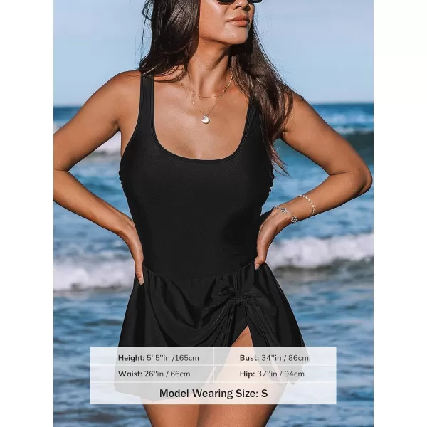 imageCUPSHE Womens One Piece Swimsuit Bathing Suit Scoop Neck Swimdress Wide Straps Tie Knot Swim SkirtBlack