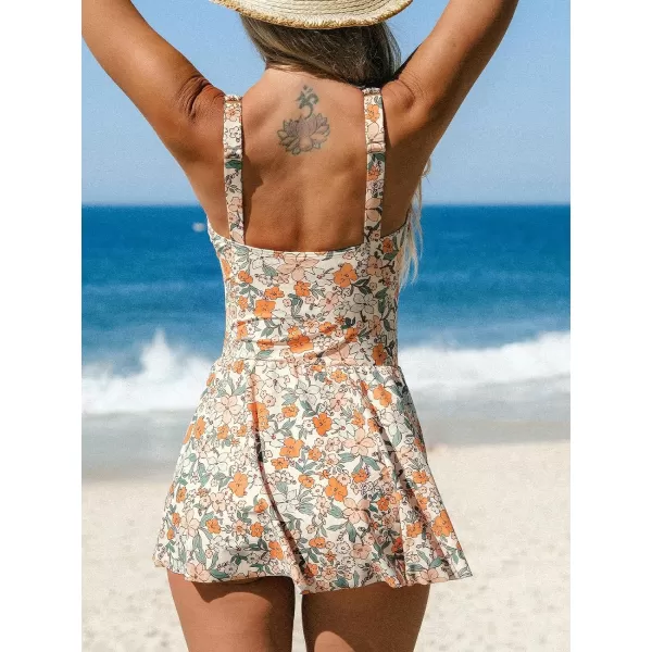 imageCUPSHE Womens One Piece Swimsuit Bathing Suit Scoop Neck Swimdress Wide Straps Tie Knot Swim SkirtOrange Ditsy Print