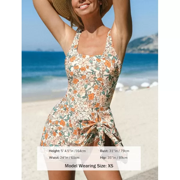 imageCUPSHE Womens One Piece Swimsuit Bathing Suit Scoop Neck Swimdress Wide Straps Tie Knot Swim SkirtOrange Ditsy Print