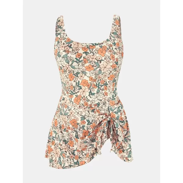 imageCUPSHE Womens One Piece Swimsuit Bathing Suit Scoop Neck Swimdress Wide Straps Tie Knot Swim SkirtOrange Ditsy Print