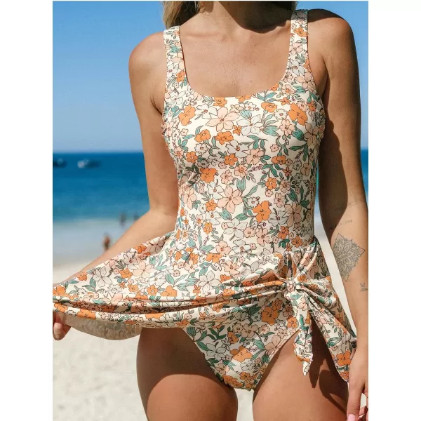 imageCUPSHE Womens One Piece Swimsuit Bathing Suit Scoop Neck Swimdress Wide Straps Tie Knot Swim SkirtOrange Ditsy Print