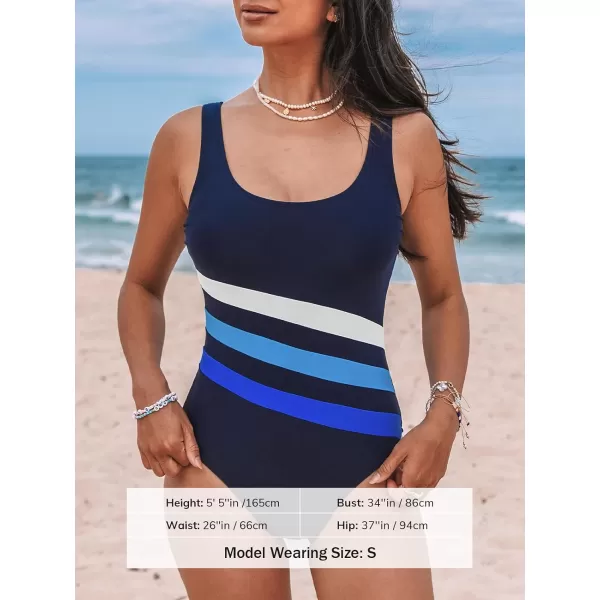 imageCUPSHE Womens One Piece Swimsuit Bathing Suit Scoop Neck U Back Color Block Athletic Modest SwimwearXS4XLNavy Blue