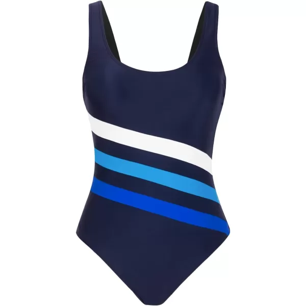 imageCUPSHE Womens One Piece Swimsuit Bathing Suit Scoop Neck U Back Color Block Athletic Modest SwimwearXS4XLNavy Blue