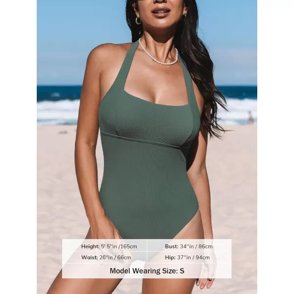 imageCUPSHE Womens One Piece Swimsuit Bathing Suit Square Neck Halter Self Tie Textured Ribbed SwimwearSage Green